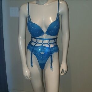 VS Bra, Thong Panty and Caged Garter Belt Rhinestones Teal Blue Lingerie